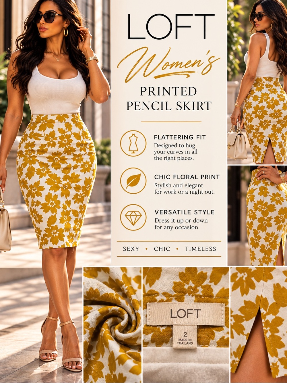LOFT Mustard Yellow Floral Pencil Skirt size 2